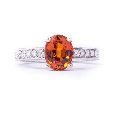 18K White 10.47 gms Diamond 0.42 Carats 1.08 Carats Mandarin-garnet Stone Ring