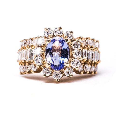 14K Yellow Gold 11.39 gms Diamond 2.00 Carats BG 0.65 Carats Tanzanite 1.11 Carats Color Stone Ring