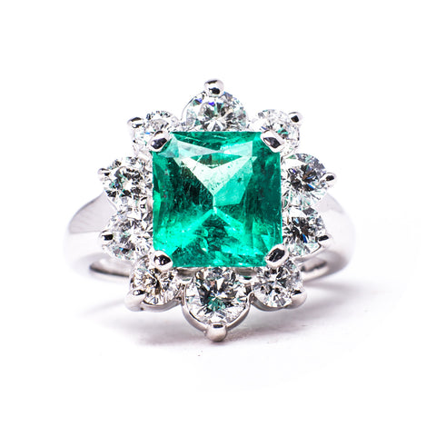 14K White 8.67 gms Diamond 1.85 Carats and 2.82 Carats Emerald Stone Ring